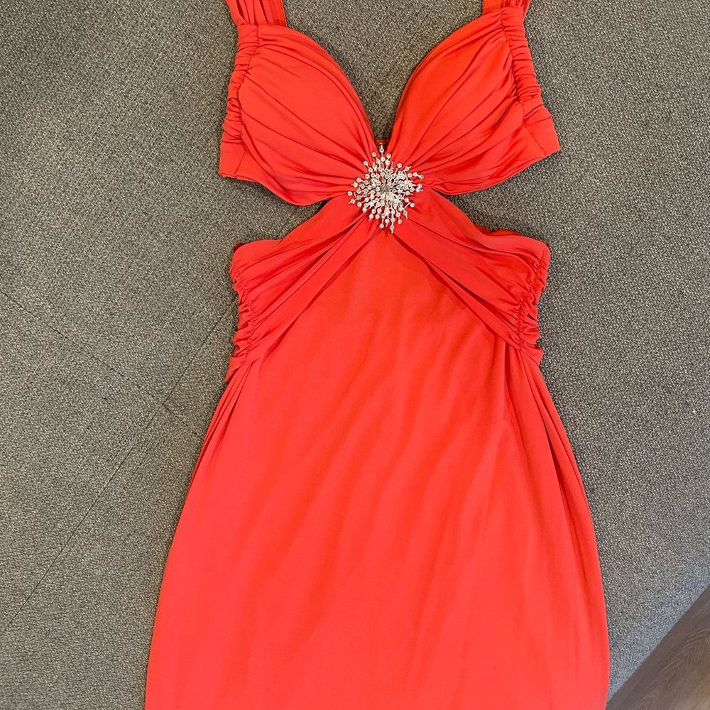 Cache orange, cut out, backless, floor length dress with silver gemstone detail